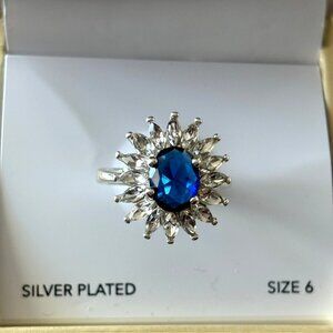 Silver Plated Blue Oval Gemstone Ring With Clear Crystal Accents Size 6